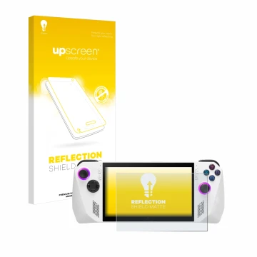 Parte frontal de un envase de producto con el logotipo de la marca upscreen. Al lado se muestra el dispositivo ASUS ROG Ally (