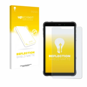 Parte frontal de un envase de producto con el logotipo de la marca upscreen. Al lado se muestra el dispositivo Ulefone Armor P