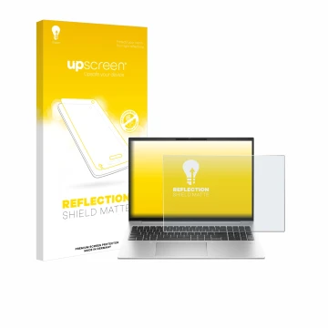 Parte frontal de un envase de producto con el logotipo de la marca upscreen. Al lado se muestra el dispositivo HP EliteBook 86
