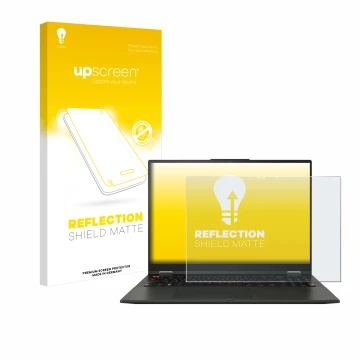 Parte frontal de un envase de producto con el logotipo de la marca upscreen. Al lado se muestra el dispositivo ASUS Vivobook S