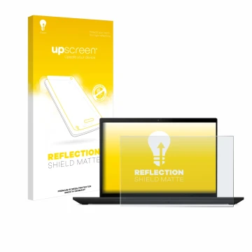 Parte frontal de un envase de producto con el logotipo de la marca upscreen. Al lado se muestra el dispositivo Lenovo ThinkPad