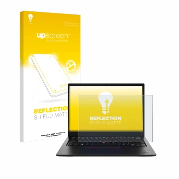 Parte frontal de un envase de producto con el logotipo de la marca upscreen. Al lado se muestra el dispositivo Lenovo ThinkPad