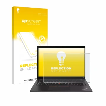 Parte frontal de un envase de producto con el logotipo de la marca upscreen. Al lado se muestra el dispositivo Lenovo ThinkPad