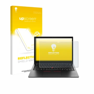 Parte frontal de un envase de producto con el logotipo de la marca upscreen. Al lado se muestra el dispositivo Lenovo ThinkPad