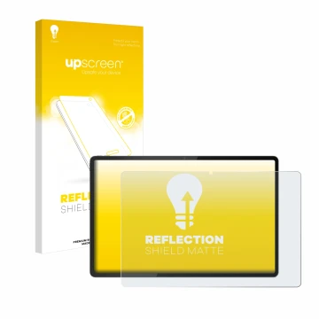 Parte frontal de un envase de producto con el logotipo de la marca upscreen. Al lado se muestra el dispositivo Lenovo Tab Extr