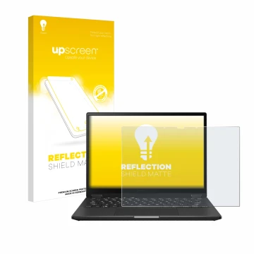 Parte frontal de un envase de producto con el logotipo de la marca upscreen. Al lado se muestra el dispositivo ASUS ROG Flow X