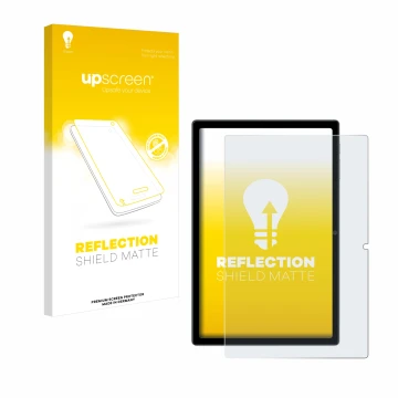 Parte frontal de un envase de producto con el logotipo de la marca upscreen. Al lado se muestra el dispositivo Blackview Tab 1