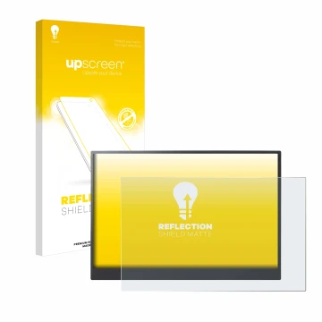 Parte frontal de un envase de producto con el logotipo de la marca upscreen. Al lado se muestra el dispositivo LG gram +view 1