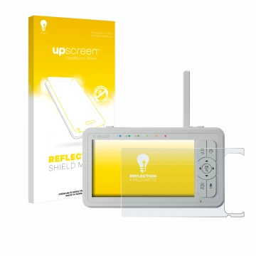 Parte frontal de un envase de producto con el logotipo de la marca upscreen. Al lado se muestra el dispositivo Babysense HD S2