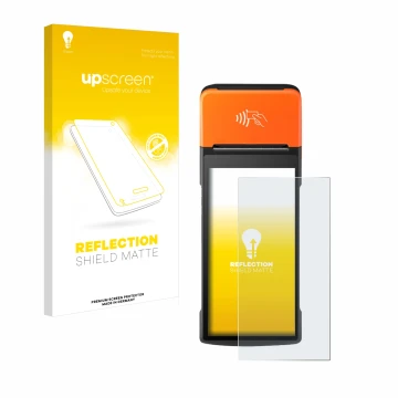 Parte frontal de un envase de producto con el logotipo de la marca upscreen. Al lado se muestra el dispositivo Sunmi V2 Pro co