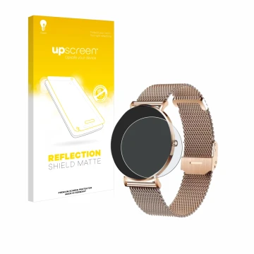 Parte frontal de un envase de producto con el logotipo de la marca upscreen. Al lado se muestra el dispositivo Xcoast X-Watch 