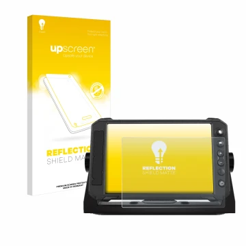 Parte frontal de un envase de producto con el logotipo de la marca upscreen. Al lado se muestra el dispositivo Lowrance Elite 