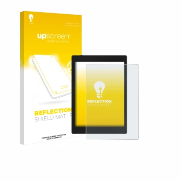 Parte frontal de un envase de producto con el logotipo de la marca upscreen. Al lado se muestra el dispositivo Boox Tab Mini C