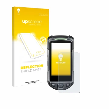 Parte frontal de un envase de producto con el logotipo de la marca upscreen. Al lado se muestra el dispositivo Keyence BT-A700