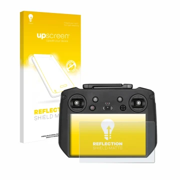 Parte frontal de un envase de producto con el logotipo de la marca upscreen. Al lado se muestra el dispositivo DJI Mavic 3 RC 