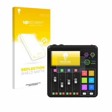 Parte frontal de un envase de producto con el logotipo de la marca upscreen. Al lado se muestra el dispositivo Rode Rodecaster