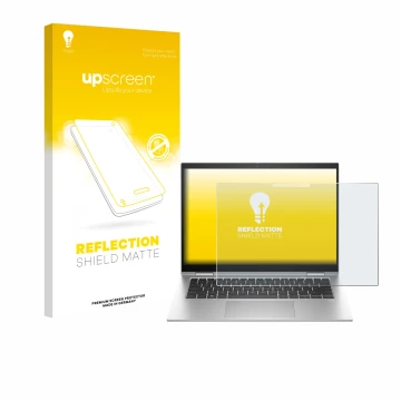 Parte frontal de un envase de producto con el logotipo de la marca upscreen. Al lado se muestra el dispositivo HP EliteBook x3