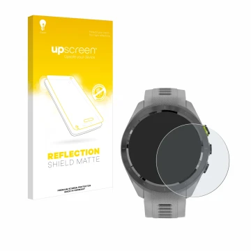 Parte frontal de un envase de producto con el logotipo de la marca upscreen. Al lado se muestra el dispositivo Garmin Approach