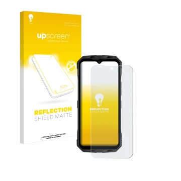 Parte frontal de un envase de producto con el logotipo de la marca upscreen. Al lado se muestra el dispositivo Doogee V30 con 
