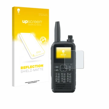 Parte frontal de un envase de producto con el logotipo de la marca upscreen. Al lado se muestra el dispositivo Kenwood TH-D75E