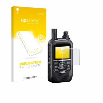 Parte frontal de un envase de producto con el logotipo de la marca upscreen. Al lado se muestra el dispositivo Icom ID-50E con