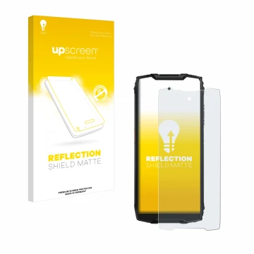 Parte frontal de un envase de producto con el logotipo de la marca upscreen. Al lado se muestra el dispositivo Blackview BV930