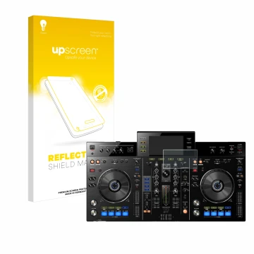 Parte frontal de un envase de producto con el logotipo de la marca upscreen. Al lado se muestra el dispositivo Pioneer XDJ-RX 