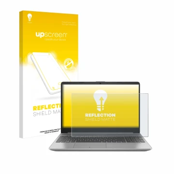Parte frontal de un envase de producto con el logotipo de la marca upscreen. Al lado se muestra el dispositivo HP 250 G9 con s