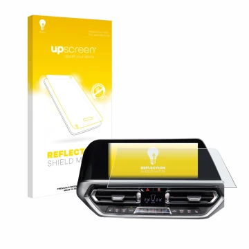 Parte frontal de un envase de producto con el logotipo de la marca upscreen. Al lado se muestra el dispositivo BMW 3 G20 2020 