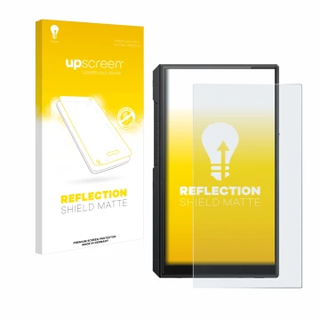 Parte frontal de un envase de producto con el logotipo de la marca upscreen. Al lado se muestra el dispositivo FiiO M11s con s