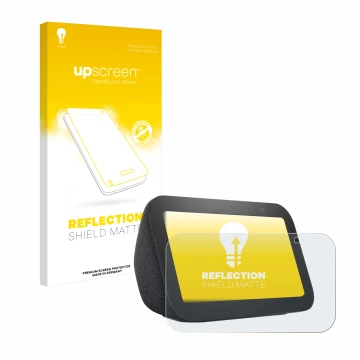 Parte frontal de un envase de producto con el logotipo de la marca upscreen. Al lado se muestra el dispositivo Amazon Echo Sho