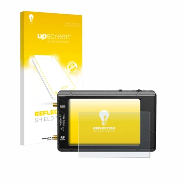 Parte frontal de un envase de producto con el logotipo de la marca upscreen. Al lado se muestra el dispositivo tinySA ultra sp