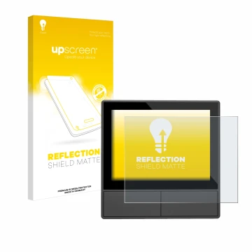 Parte frontal de un envase de producto con el logotipo de la marca upscreen. Al lado se muestra el dispositivo SONOFF NSPanel 