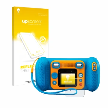 Parte frontal de un envase de producto con el logotipo de la marca upscreen. Al lado se muestra el dispositivo Vtech Kidizoom 