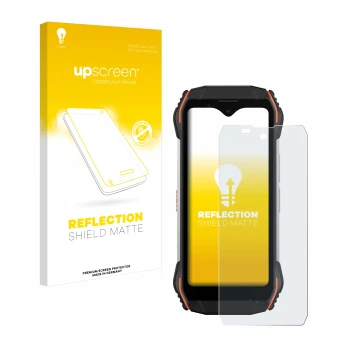 Parte frontal de un envase de producto con el logotipo de la marca upscreen. Al lado se muestra el dispositivo Blackview N6000