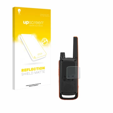 Parte frontal de un envase de producto con el logotipo de la marca upscreen. Al lado se muestra el dispositivo Motorola Talkab