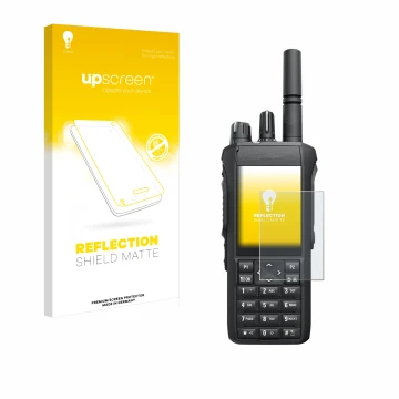Parte frontal de un envase de producto con el logotipo de la marca upscreen. Al lado se muestra el dispositivo Motorola Mototr
