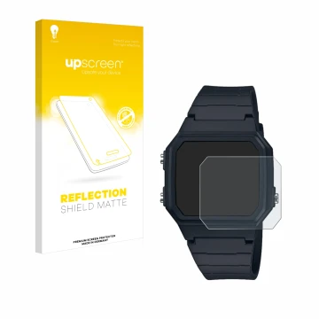 Parte frontal de un envase de producto con el logotipo de la marca upscreen. Al lado se muestra el dispositivo Casio W-217H-1A