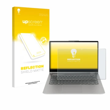 Parte frontal de un envase de producto con el logotipo de la marca upscreen. Al lado se muestra el dispositivo Lenovo ThinkBoo