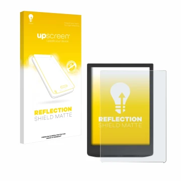 Parte frontal de un envase de producto con el logotipo de la marca upscreen. Al lado se muestra el dispositivo PocketBook InkP