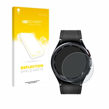 Parte frontal de un envase de producto con el logotipo de la marca upscreen. Al lado se muestra el dispositivo Samsung Galaxy 