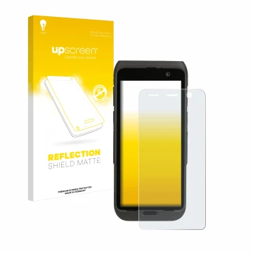 Parte frontal de un envase de producto con el logotipo de la marca upscreen. Al lado se muestra el dispositivo Honeywell CT47 