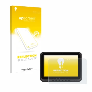 Parte frontal de un envase de producto con el logotipo de la marca upscreen. Al lado se muestra el dispositivo Zebra ET60 con 