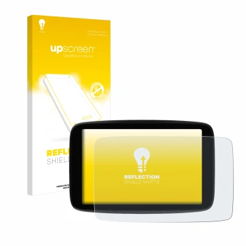 Parte frontal de un envase de producto con el logotipo de la marca upscreen. Al lado se muestra el dispositivo TomTom GO Exper