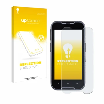 Parte frontal de un envase de producto con el logotipo de la marca upscreen. Al lado se muestra el dispositivo Datalogic Memor