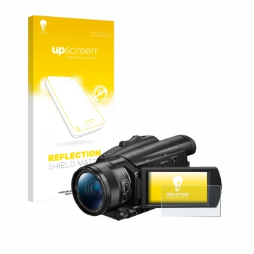 Parte frontal de un envase de producto con el logotipo de la marca upscreen. Al lado se muestra el dispositivo Sony FDR-AX700 