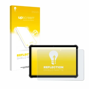 Parte frontal de un envase de producto con el logotipo de la marca upscreen. Al lado se muestra el dispositivo Oukitel RT5 con