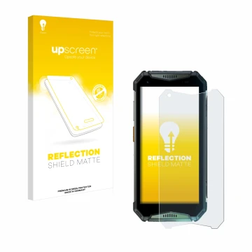Parte frontal de un envase de producto con el logotipo de la marca upscreen. Al lado se muestra el dispositivo Ulefone Armor 2