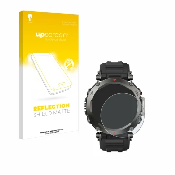 Parte frontal de un envase de producto con el logotipo de la marca upscreen. Al lado se muestra el dispositivo Huami Amazfit T