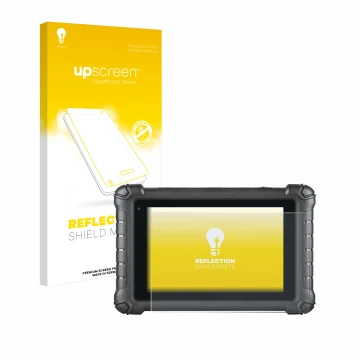 Parte frontal de un envase de producto con el logotipo de la marca upscreen. Al lado se muestra el dispositivo Autel MaxiDAS D